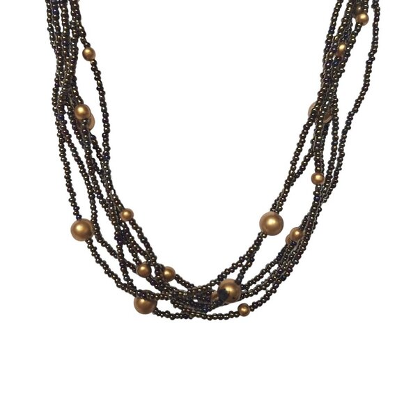 Vintage Multistrand Brown Seed Beads Copper Choker Necklace - Picture 2 of 6